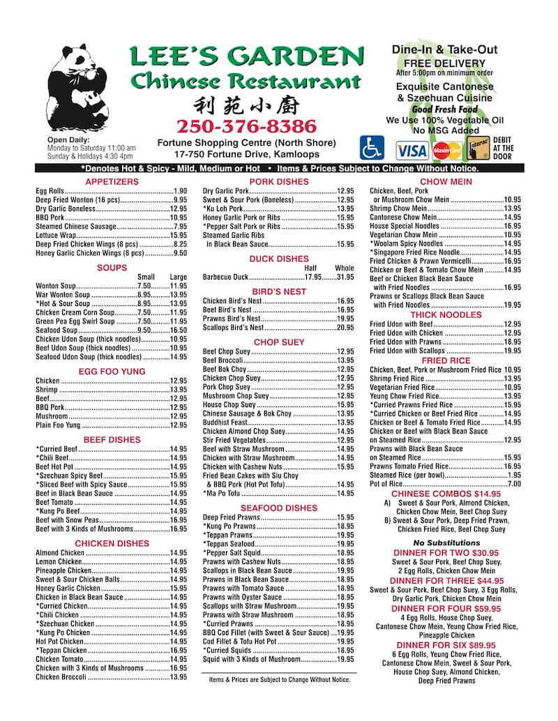 Lee S Garden Kamloops Foodmenus Restaurant Menus In Bc