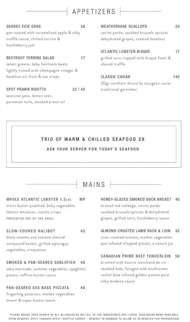Five Sails Restaurant Vancouver MENU