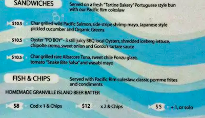 Go Fish Vancouver MENU
